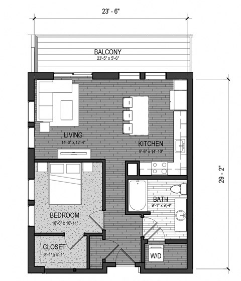 Floor plan for 1 bed, 1 bath, 715 sqft